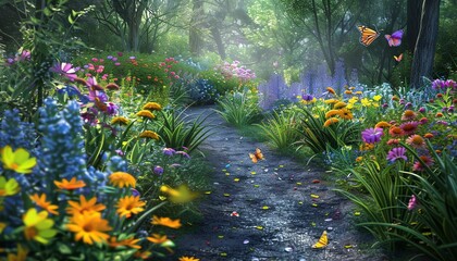 Enchanting garden path surrounded by colorful flowers and butterflies