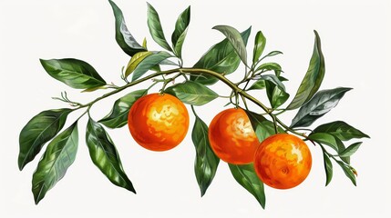 Vintage Illustration of a Branch with Three Oranges, Watercolor, Botanical Illustration, Citrus, Fruit, Orange