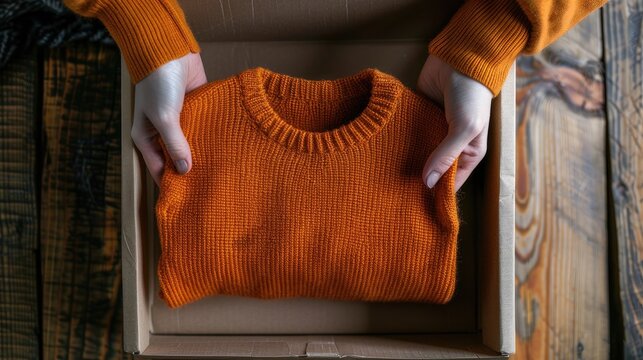 Unwrapping online order containing cozy orange sweater for holidays
