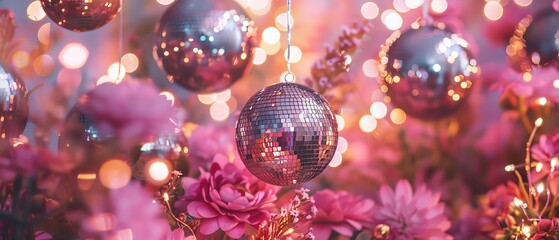 Sparkling disco balls among pink flowers and lights, creating a festive atmosphere