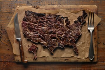 United States map made from beef jerky on a wooden cutting board. Culinary art and food map concept.