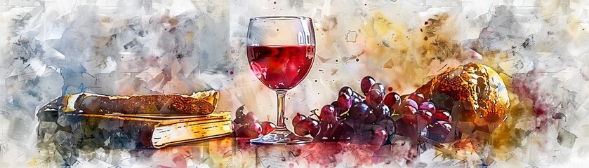 Wine Glass with Grapes and Book - Abstract Watercolor Painting,  wine, grapes, book, still life