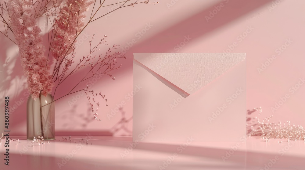 Poster pink envelope and paper card on pastel pink table with occasions and blank space for display