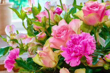 Flowers, home and bunch for decoration, sustainable bouquet and house plants. Indoor, posy and collection for natural design or botanical development in apartment, leaves and blooming in lounge
