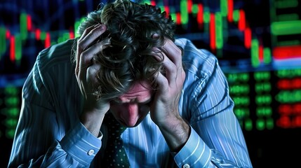 Businessman stressed over stock market crash. Financial crisis concept with red declining stock chart in the background.