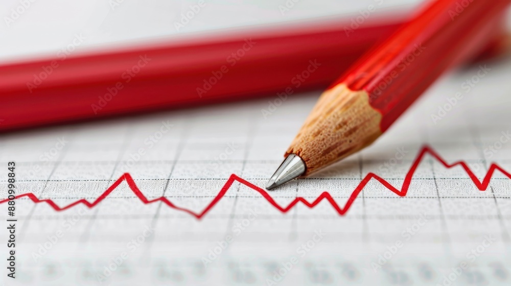Poster close-up of a red pencil resting on a graph with a rising trend line, symbolizing growth and analysi