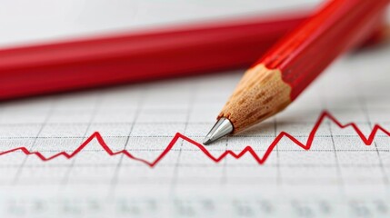 Close-up of a red pencil resting on a graph with a rising trend line, symbolizing growth and analysis in financial or business context.