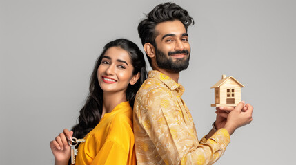 Happy Indian couple buying a house, Concept photo. Real estate.