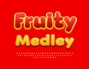 Vector advertising signboard Fruit Medley. Bright Yellow and Red Font. Creative Alphabet Letters and Numbers set.