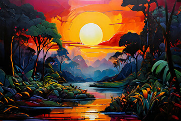 Abstract jungle modern art painting with vibrant colors and thick texture paint.