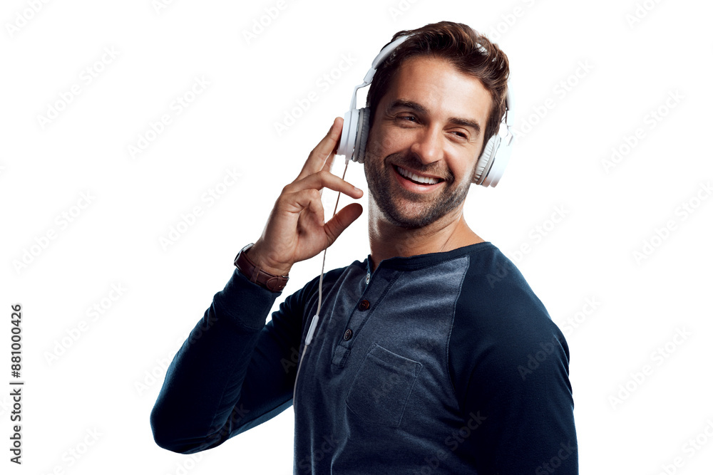 Poster man, smile and headphones for music in studio on white background for playlist and streaming platfor