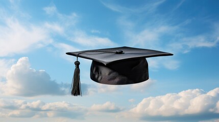 Academic cap floating in a blue sky