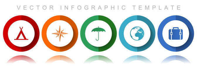 Adventure vector icon collection, miscellaneous icons such as tent, navigation, umbrella, globe and case, flat design infographic template in eps 10