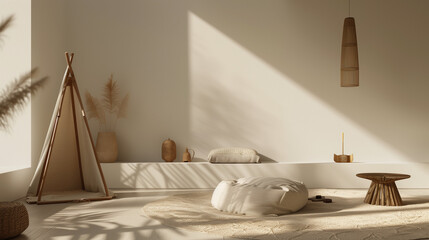 Minimalist nomadic interior background, 3d render