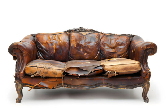 Torn and old distressed leather sofa isolated on a white background