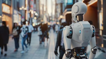 Obraz premium Robot android in the city street among people. Artificial intelligence technology concept. Hi-tech of the future