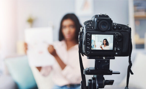 Influencer, content creation and makeup streamer on camera screen for podcast, demonstration or video. Filming, social networking and woman at home for online audience, presentation or digital review