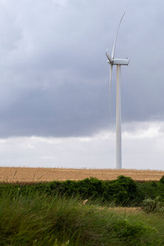 This image captures a single wind turbine towering over golden wheat fields with a backdrop of a cloudy, grey sky, depicting a harmonious blend of technology and nature in Tarragona in Spain