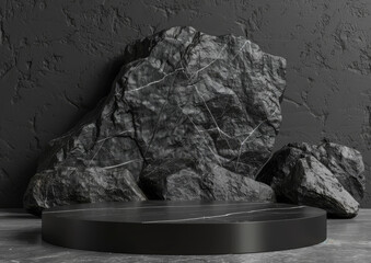 Naklejka premium 3d render of black stone podium with rock background