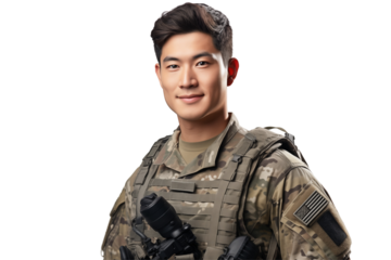 Smiling Asian soldier on transparent background. Smiling Asian soldier isolated on transparent background png cutouts. Army World. Chinese army. Image for graphic designer. Image for flyers. 