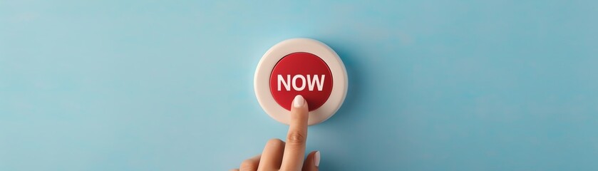 Finger pressing red NOW button on blue background, symbolizing urgency, action, and decision-making.
