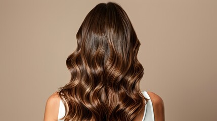 Fototapeta premium a woman with long wavy hair is shown from the back