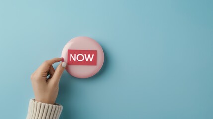A hand wearing a beige sweater is pressing a pink circular button with the word 'NOW' on it, set against a light blue background.