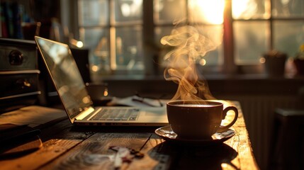 Warm Morning Coffee with Laptop and Sunlight