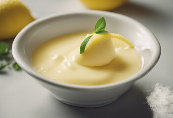 zesty lemon butter sauce in a small dish, garnished with a lemon twist, ad shot, copy space for text