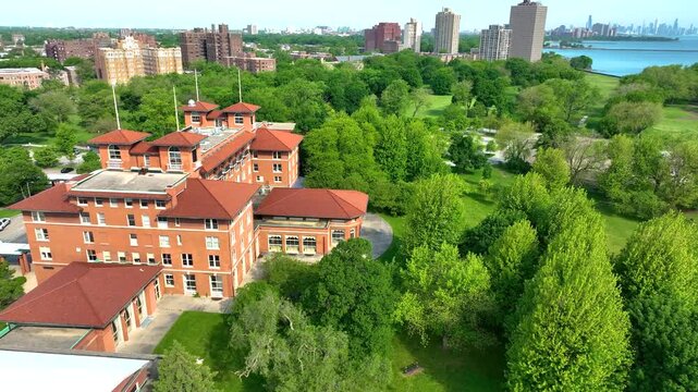 Drone aerial view of South Shore Cultural Center on the south side of Chicago