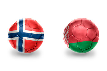 football balls with national flags of belarus and norway ,soccer teams. on the white background.