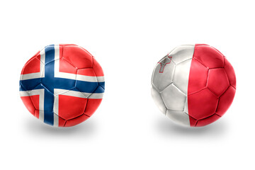 football balls with national flags of malta and norway ,soccer teams. on the white background.