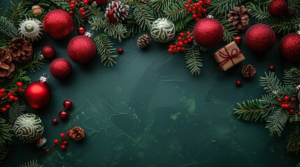 vintage christmas background,red,white baubles wooden decorations handicraft gift boxes on dark green table flat lay top view copy space