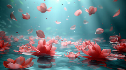 Underwater View of Floating Pink Flowers with Sunbeams