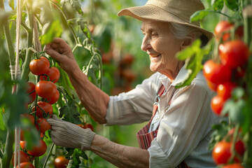 Beautiful senior woman farmer harvesting tomatoes.
