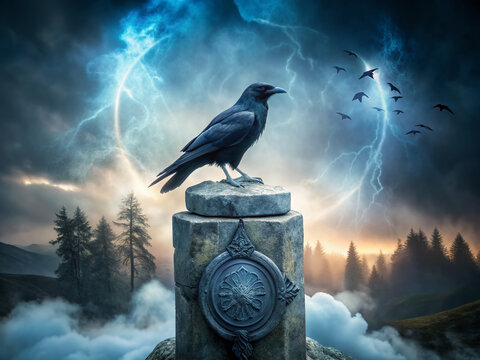 Majestic silhouette of a raven perched on a stone pedestal, surrounded by mystical runes and eerie mist, evoking the mythological world of the Norse god.