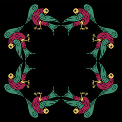 Obraz premium Geometrical animal frame with stylized birds. Old Russian folk style. On black background.