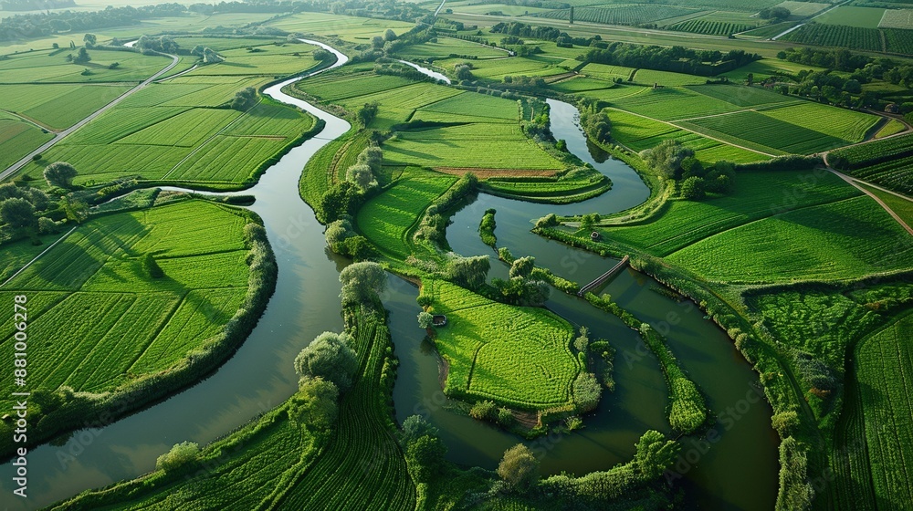 Poster a green field with a river running through it