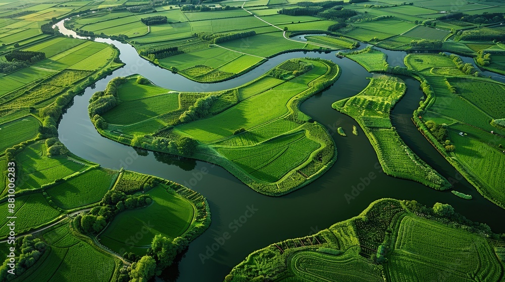 Poster a green field with a river running through it