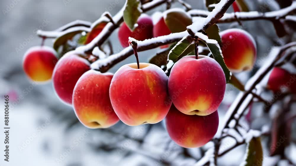 Poster  Wintry charm  Snowdusted apples on a tree branch