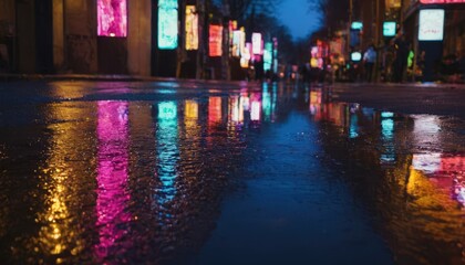 Reflections on a Wet City Street at Nighttime