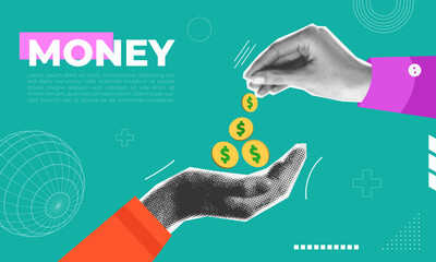 Vector illustration rendy halftone collage of finance, money and banking.