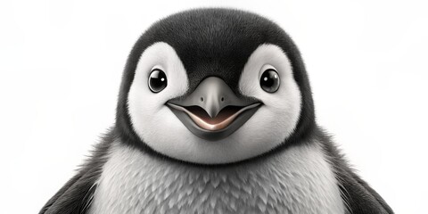 Naklejka premium Cute Penguin Close Up, 3D Render, Animal Portrait, White Background, penguin, animal, wildlife