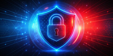Cybersecurity Shield Digital Lock in Neon Glow, 3D Render,  Cybersecurity, Digital Security, Data Protection, Network Security