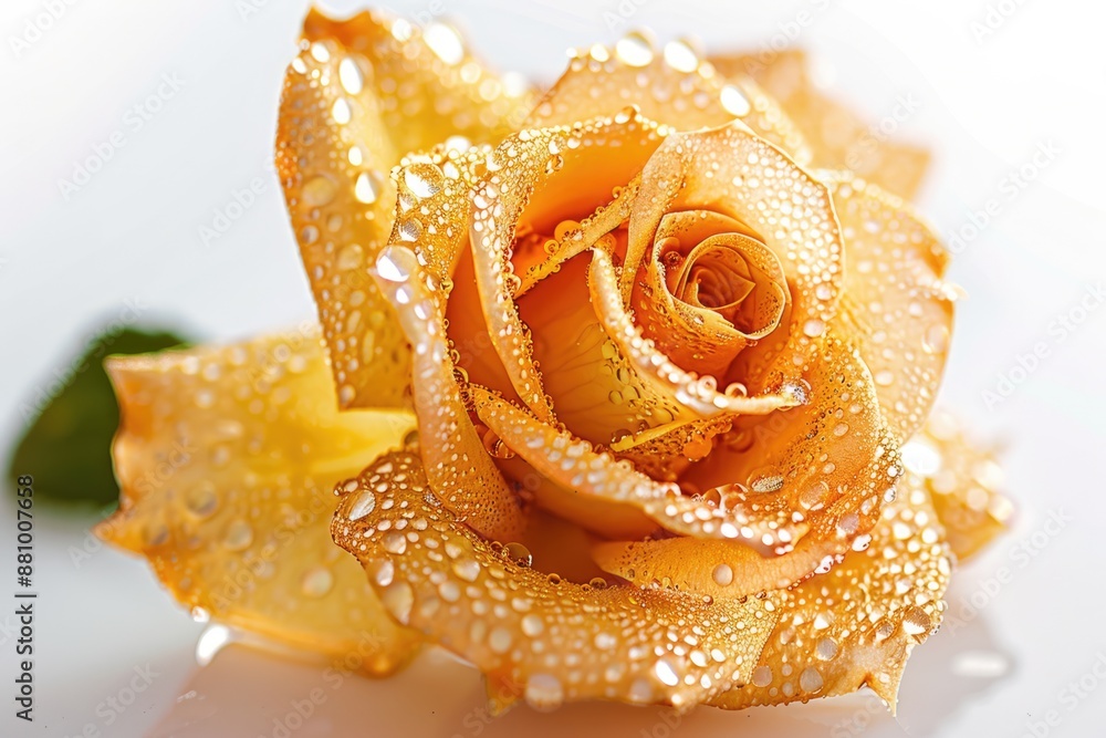 Wall mural gold rose with drops of water on white background close-up image