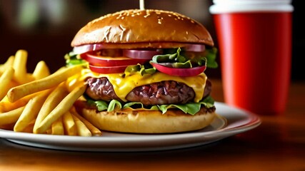  Deliciously indulgent meal  Double cheeseburger and fries ready to be savored
