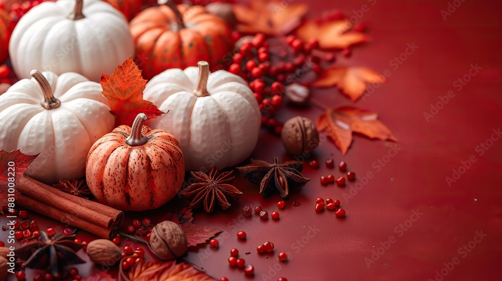 Wall mural white decorative pumpkins cinnamon sticks fall decor walnuts on dark red background happy thanksgiving day banner design