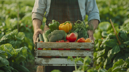 Farmer harvesting fresh tomatoes from his garden at sunset, focusing on hands and wooden box with vegetables.