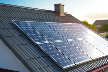 Obraz premium Close-Up of Solar Panels on Roof with Suburban Landscape