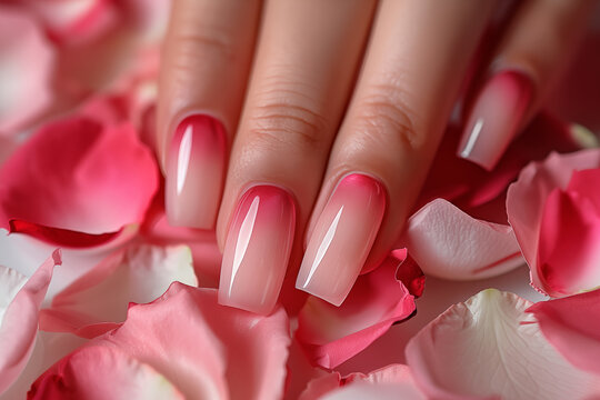 Close-up of well-groomed pink nails with an ombre effect, surrounded by delicate rose petals. Long square shaped french acrylic nails painted in soft pink gradient shades from light to dark.